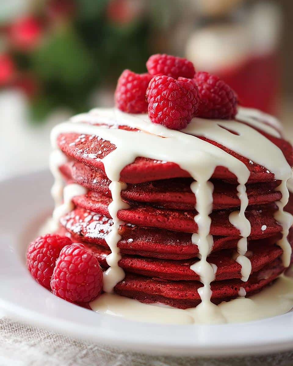 A stack of Red Velvet Christmas Pancakes drizzled with white icing and topped with fresh raspberries.
