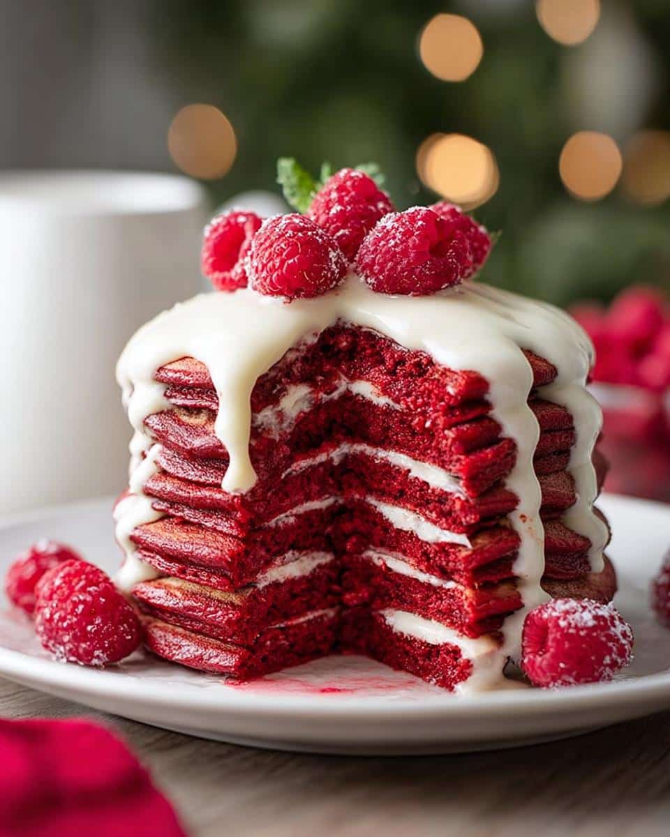 A stack of Red Velvet Christmas Pancakes with cream cheese frosting and fresh raspberries on a white plate.