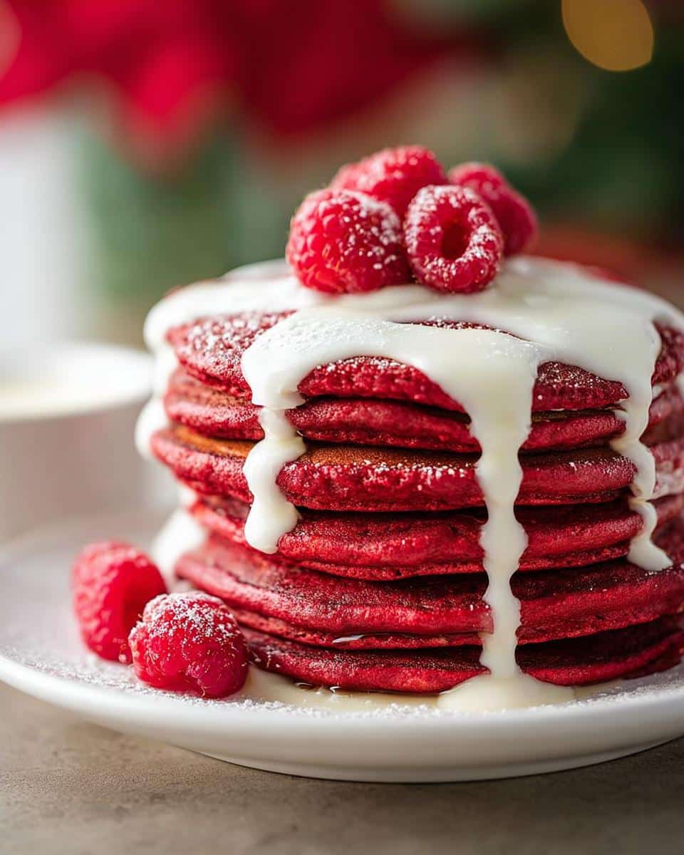 A stack of Red Velvet Christmas Pancakes topped with cream cheese glaze and fresh raspberries.