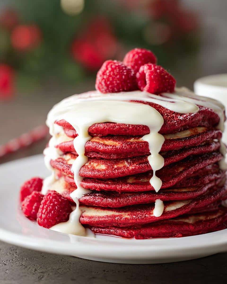 A stack of Red Velvet Christmas Pancakes topped with white icing and fresh raspberries on a white plate.