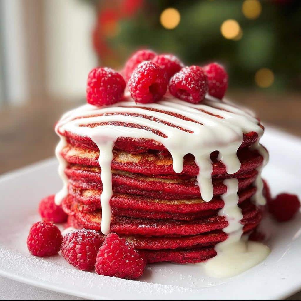 Stack of Red Velvet Christmas Pancakes topped with cream cheese frosting and fresh raspberries.