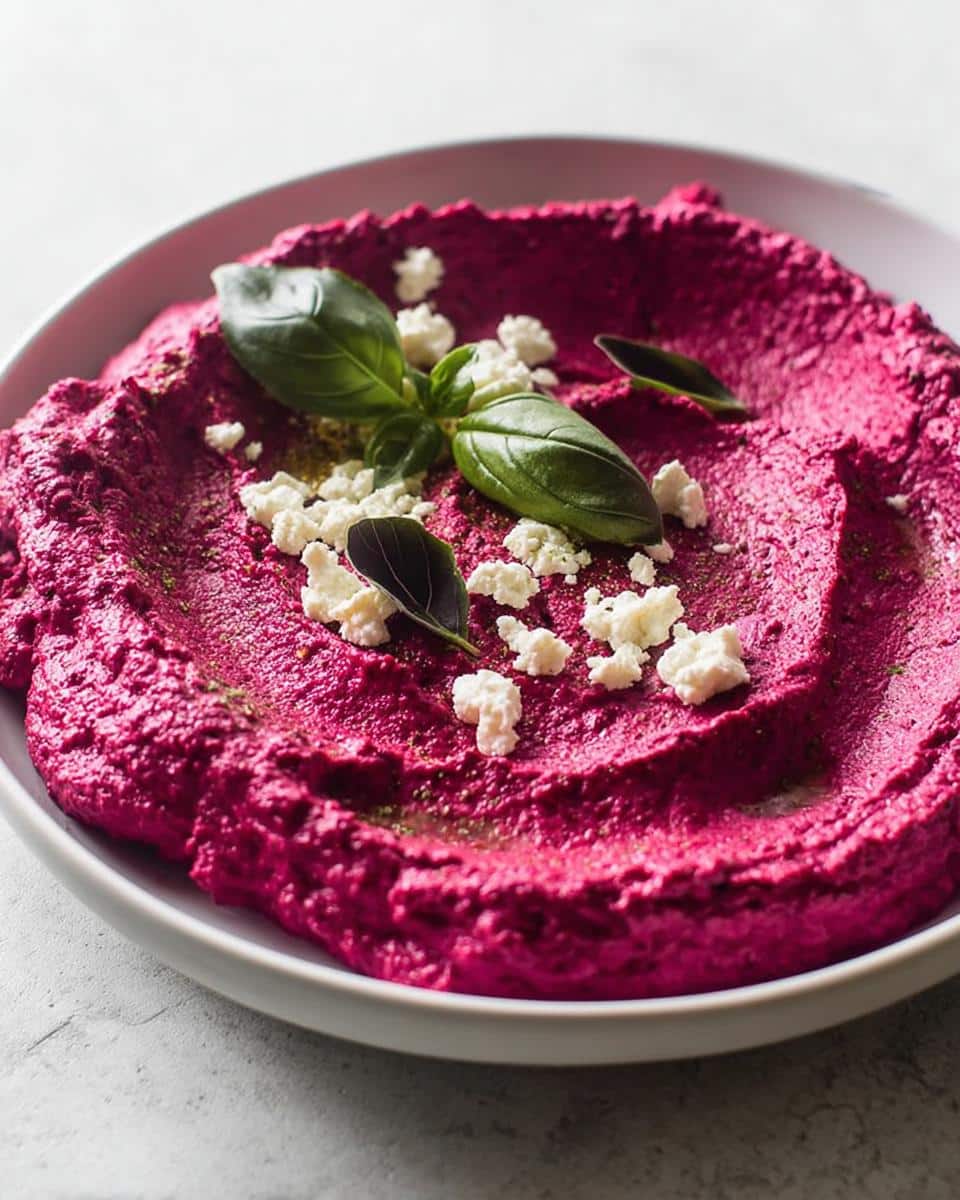 Close-up of vibrant pink Roasted Beet & Goat Cheese Dip topped with crumbled goat cheese and fresh basil leaves.