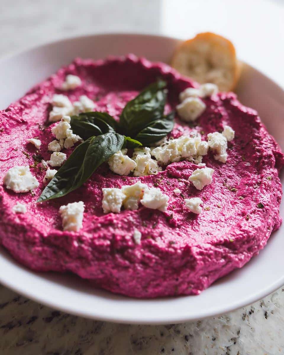 Bright pink Roasted Beet & Goat Cheese Dip topped with crumbled goat cheese and fresh basil leaves.