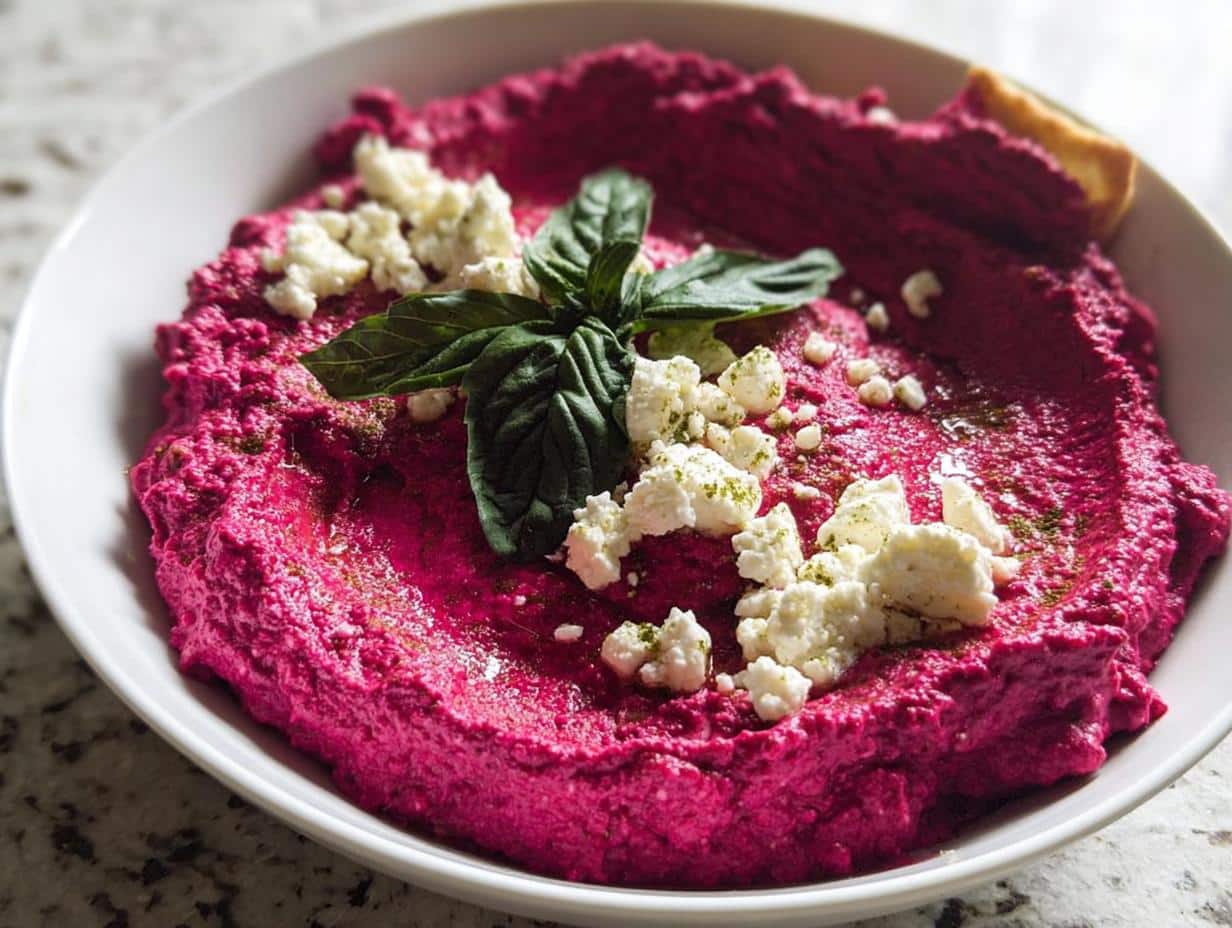 Close-up of vibrant pink Roasted Beet & Goat Cheese Dip topped with crumbled feta and fresh basil.