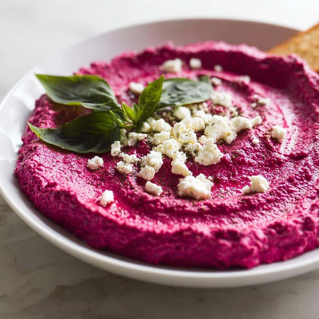 Close-up of vibrant pink Roasted Beet & Goat Cheese Dip topped with crumbled feta and fresh basil leaves.