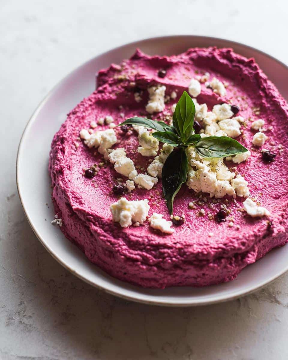 Vibrant pink Roasted Beet & Goat Cheese Dip topped with crumbled goat cheese and fresh basil.