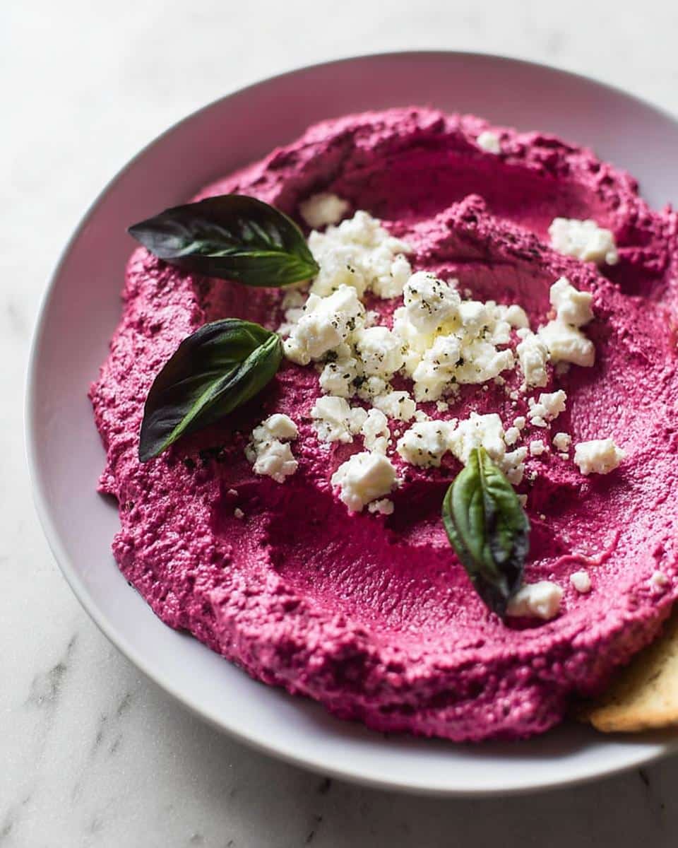 Bright pink Roasted Beet & Goat Cheese Dip topped with crumbled goat cheese and fresh basil leaves.