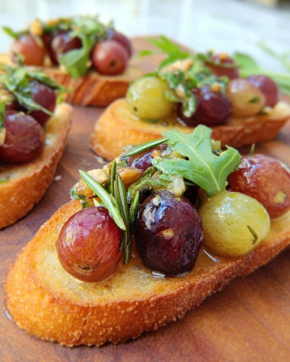 Close-up of a piece of Roasted Grape & Rosemary Crostini topped with red and green grapes, rosemary, and arugula.