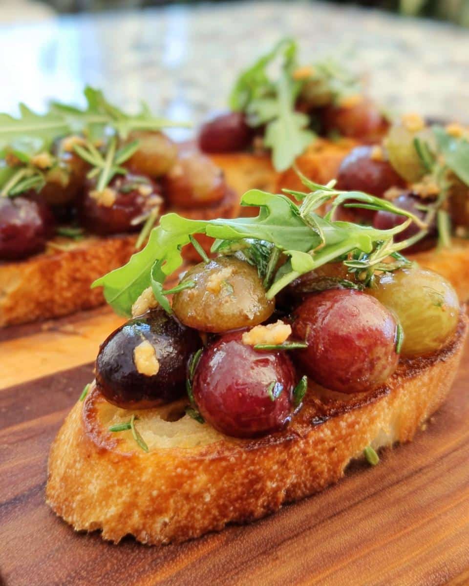 Close-up of a Roasted Grape & Rosemary Crostini topped with roasted red and green grapes, rosemary, and arugula.