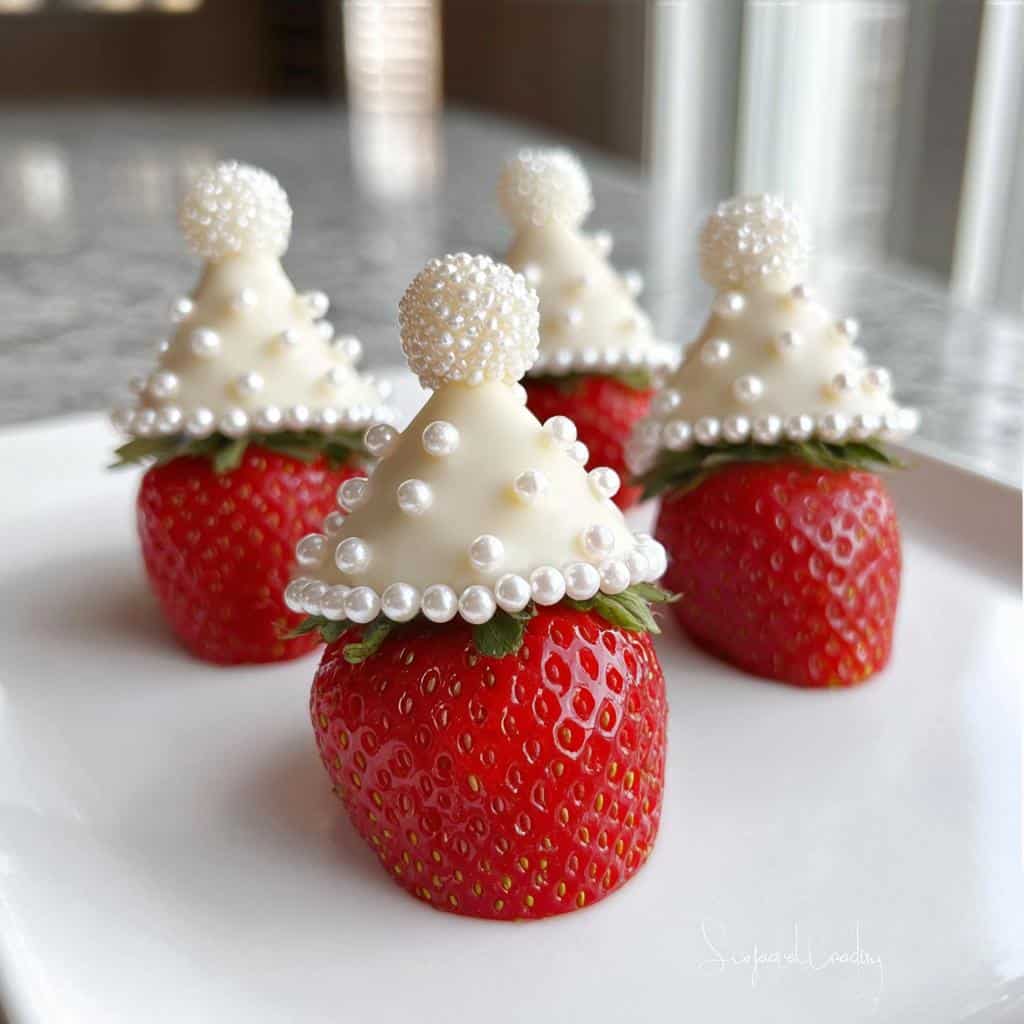 Festive Santa Hat Strawberry Parfaits with white chocolate and pearl decorations on a white plate.