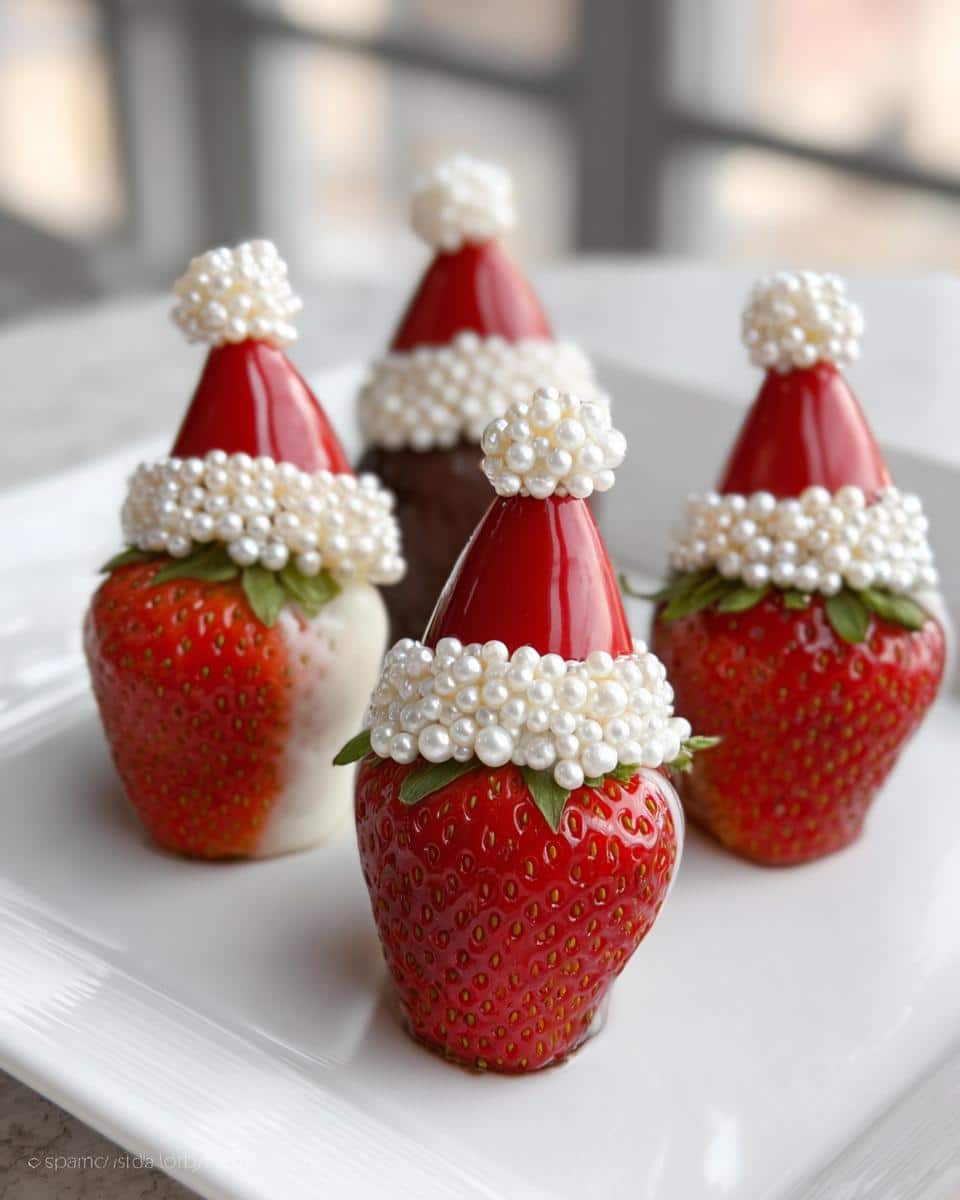 Festive Santa Hat Strawberry Parfaits on a white plate, perfect for a holiday treat.