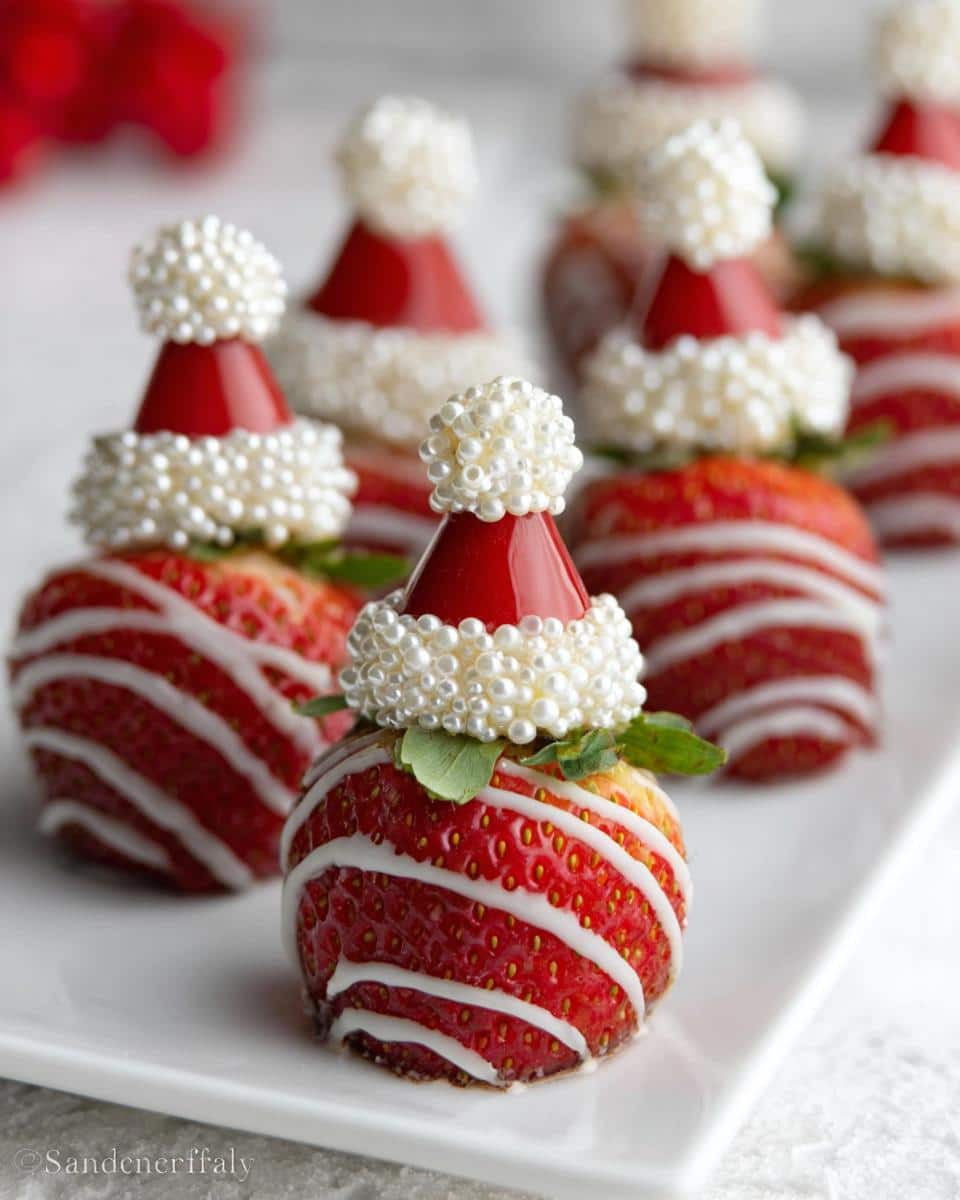 Close-up of Santa Hat Strawberry Parfaits, featuring strawberries with white chocolate stripes and a Santa hat topper.