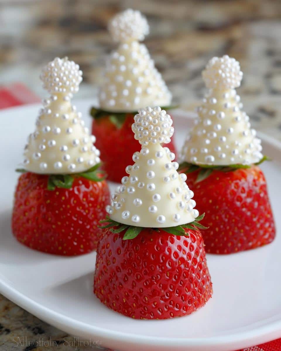 Four Santa Hat Strawberry Parfaits on a white plate, decorated with white chocolate and pearl sprinkles.
