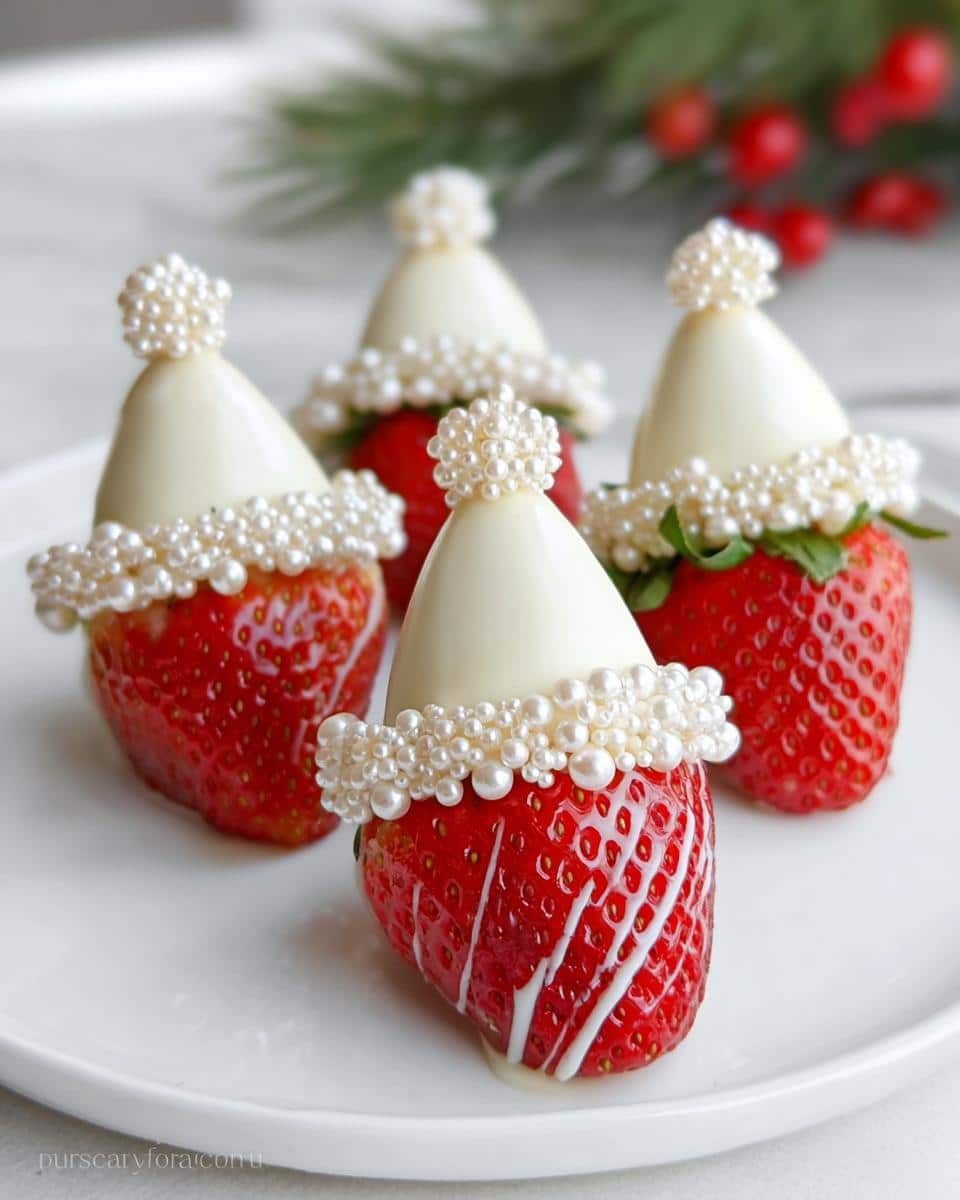 Four Santa Hat Strawberry Parfaits decorated with white chocolate and pearls, arranged on a white plate.