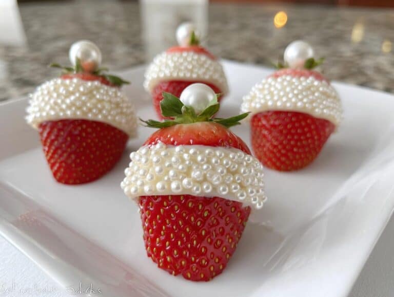 Four Santa Hat Strawberry Parfaits decorated with white candy pearls and pearl on top, displayed on a white plate.