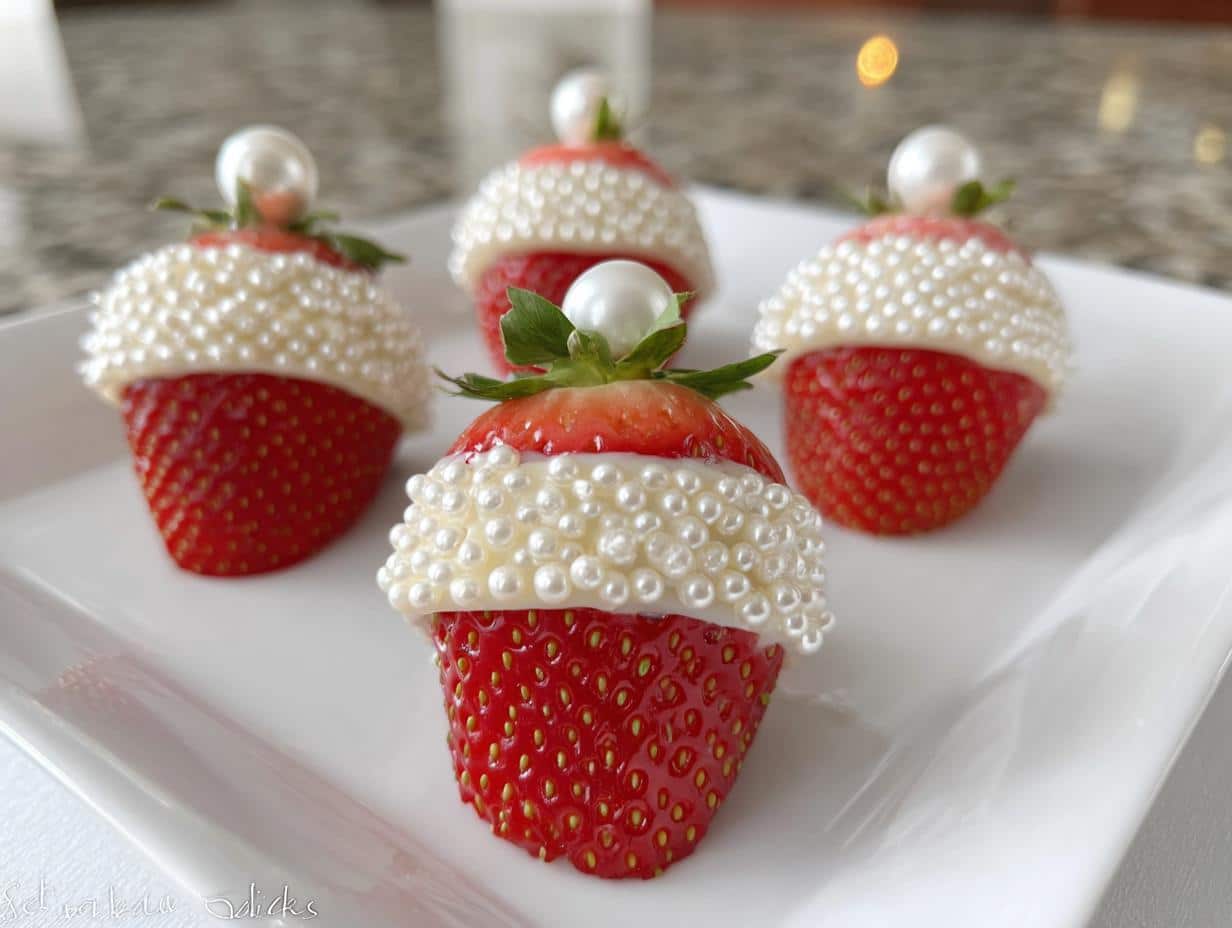 Four Santa Hat Strawberry Parfaits decorated with white candy pearls and pearl on top, displayed on a white plate.