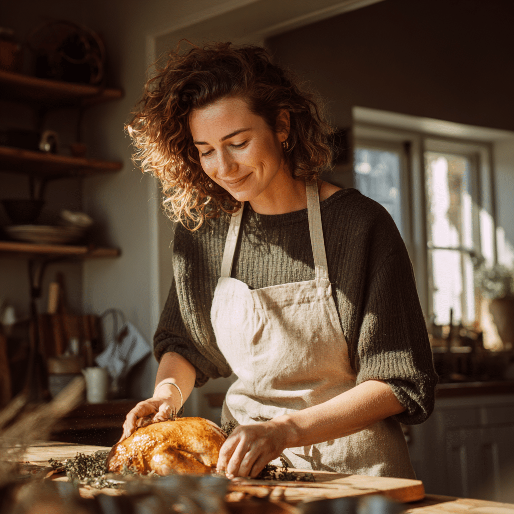 Sara, food photographer, styling a roasted chicken in natural sunlight.