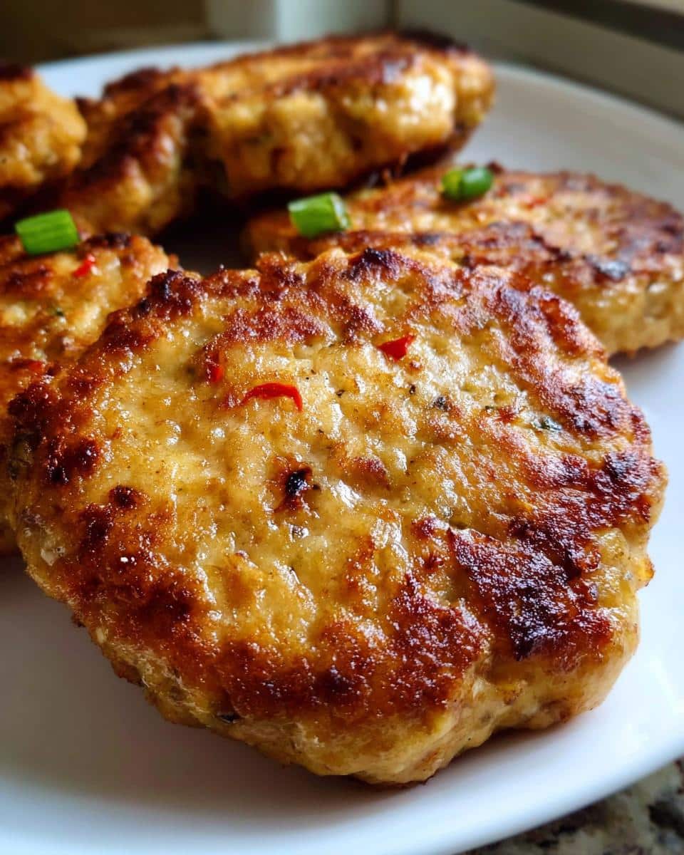 Close-up of perfectly browned Simple Carnivore Chicken Burgers cooked in an air fryer on a white plate.