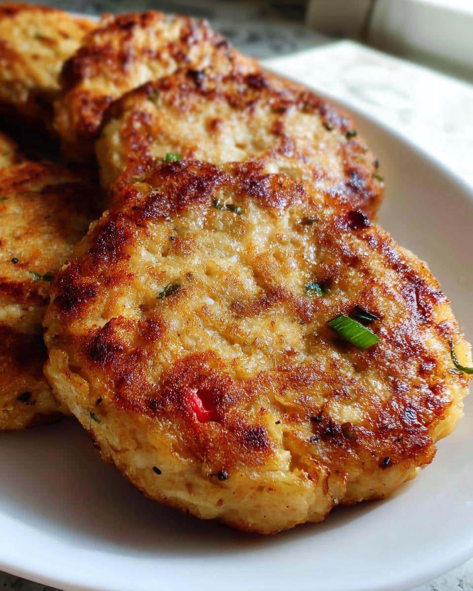 Close-up of golden-brown Simple Carnivore Chicken Burgers fresh from the air fryer, served on a white plate.