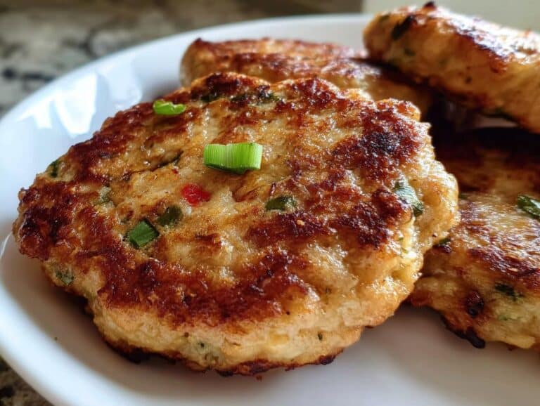Close-up of a golden-brown Simple Carnivore Chicken Burger patty garnished with green onion.