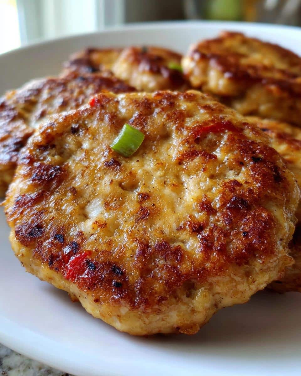 Close-up of several golden brown Simple Carnivore Chicken Burgers, garnished with green onion.