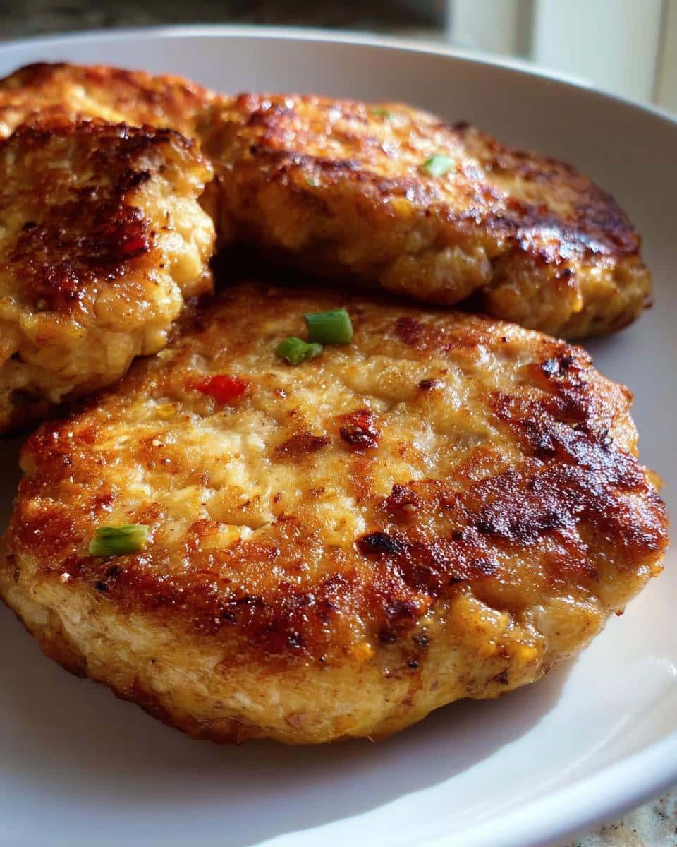 Close-up of golden, pan-seared Simple Carnivore Chicken Burgers garnished with chives.