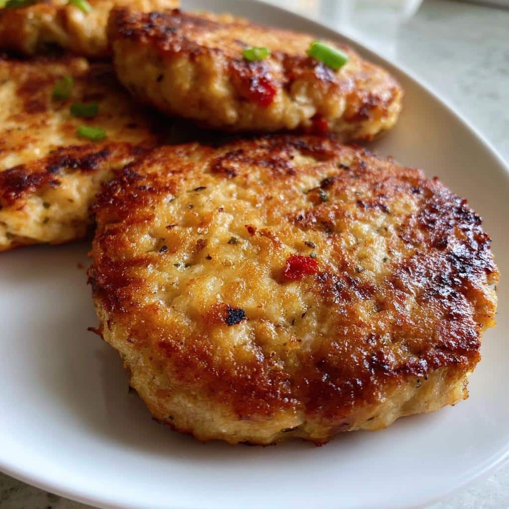 Close-up of golden brown Simple Carnivore Chicken Burgers, garnished with green onion slices.