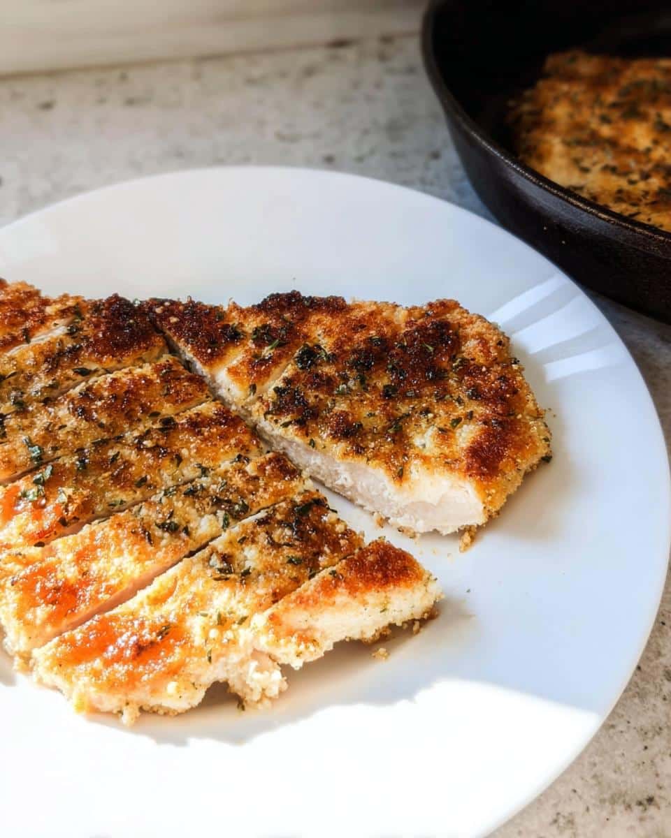 A sliced Low-Carb Parmesan Chicken Cutlet, golden brown and crispy, served on a white plate.