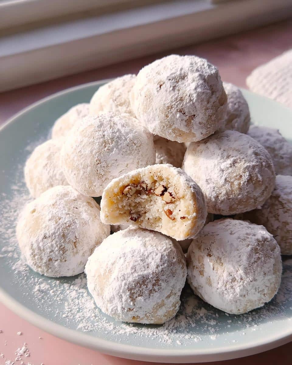 A plate of Snowball Cookies with Pecans, one broken in half to show the pecan filling.