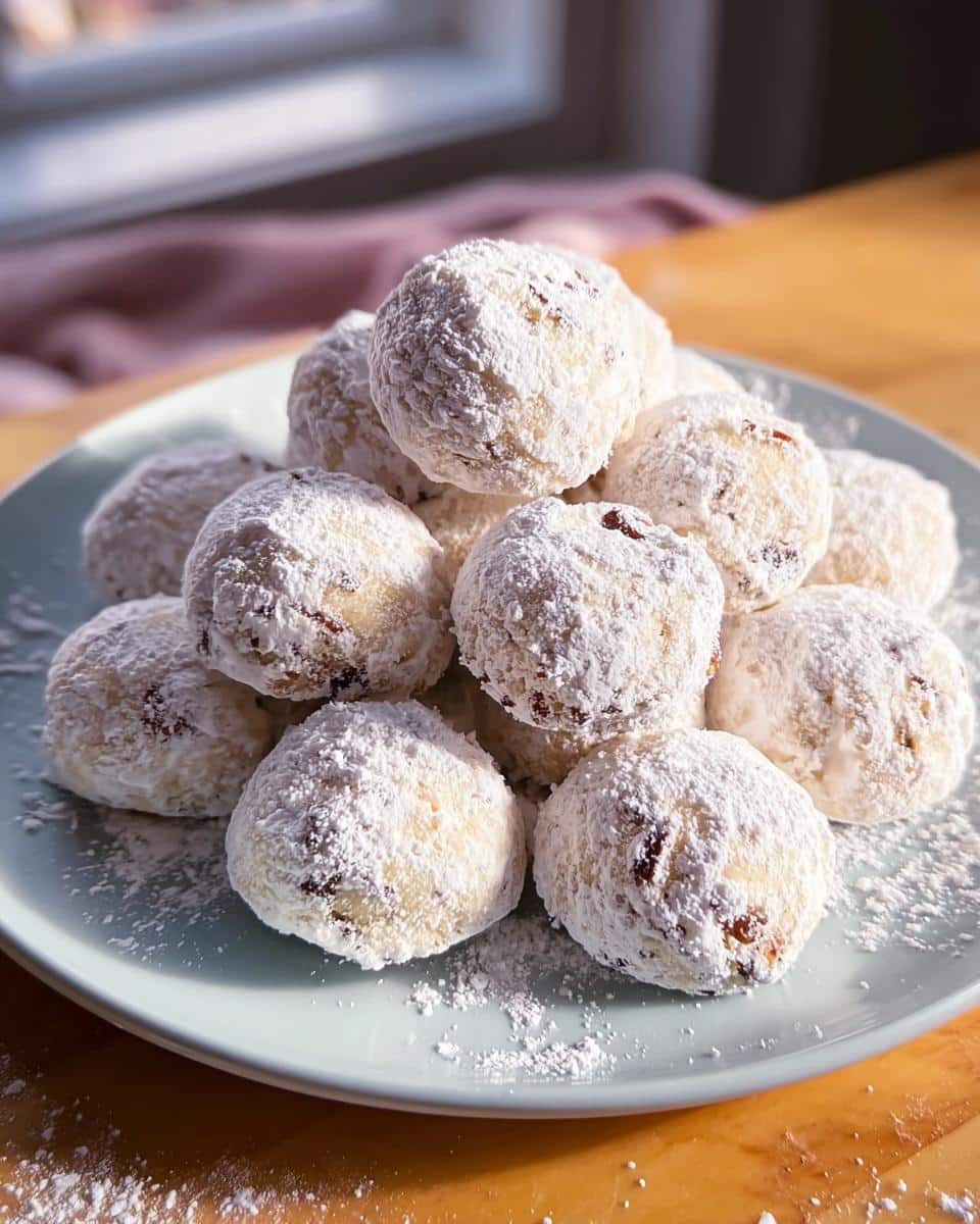 A plate of Snowball Cookies with Pecans, generously coated in powdered sugar.