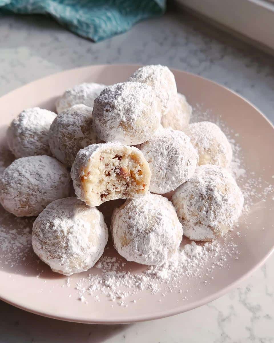 Pile of Snowball Cookies with Pecans, dusted with powdered sugar, on a pink plate. One cookie is broken open.