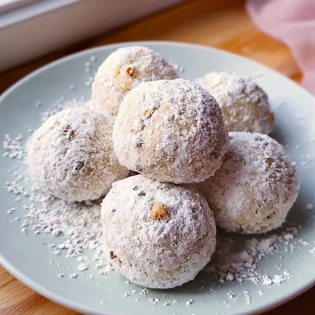 A plate of delicious Snowball Cookies with Pecans, heavily dusted with powdered sugar.
