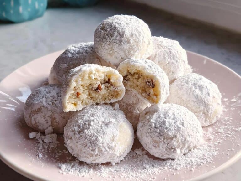 Pile of Snowball Cookies with Pecans, heavily dusted with powdered sugar, one cookie broken in half.