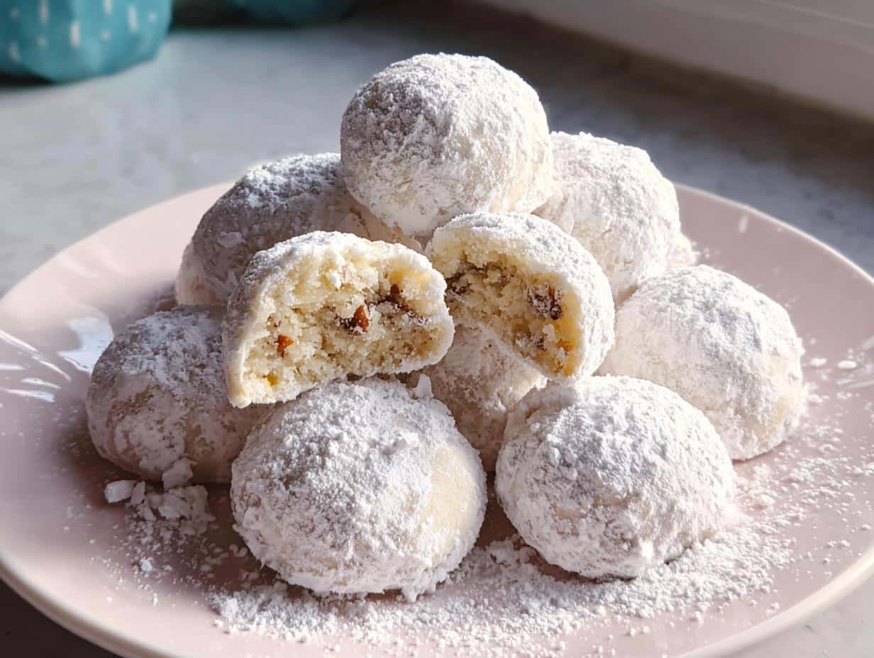 Pile of Snowball Cookies with Pecans, heavily dusted with powdered sugar, one cookie broken in half.