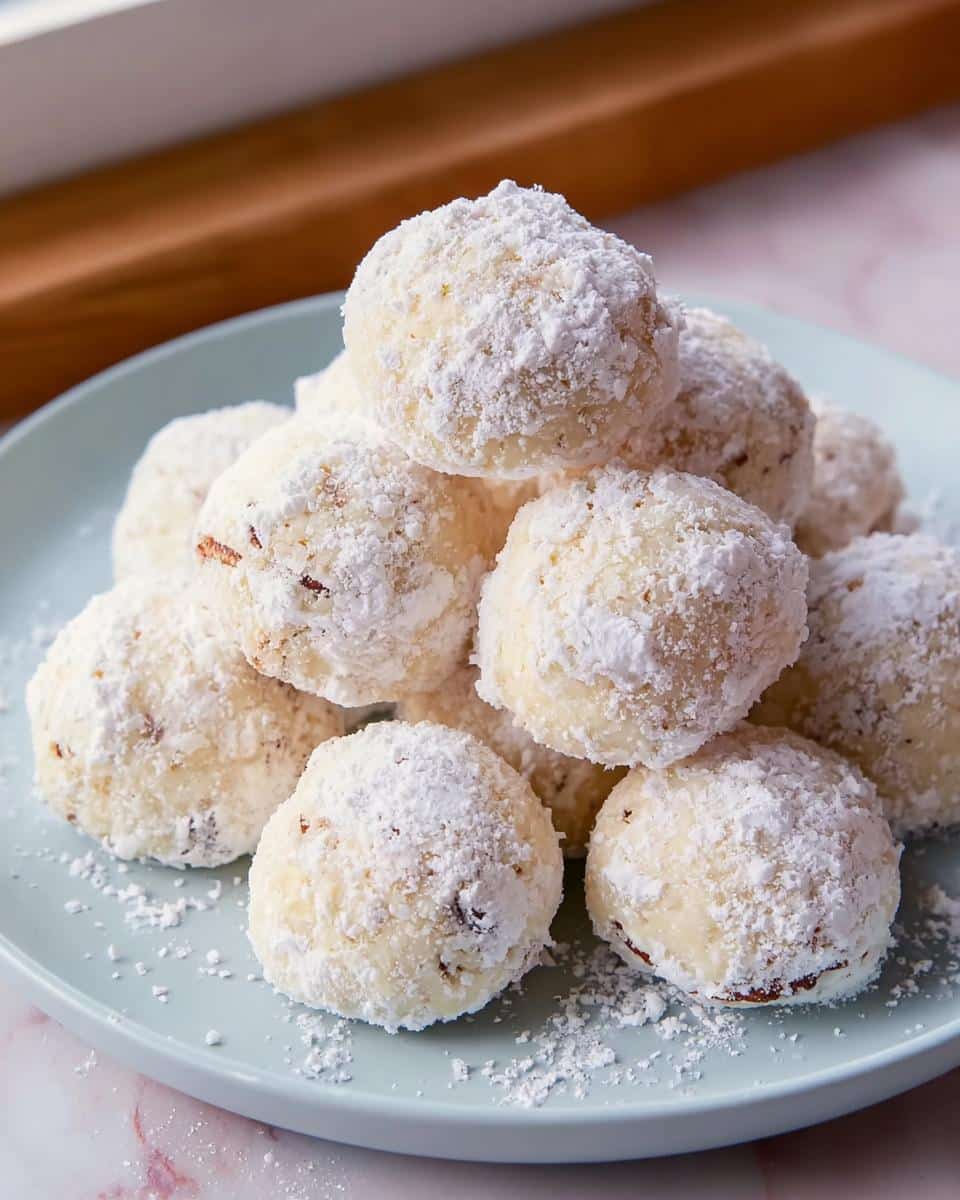 A stack of Snowball Cookies with Pecans, heavily dusted with powdered sugar, on a light blue plate.
