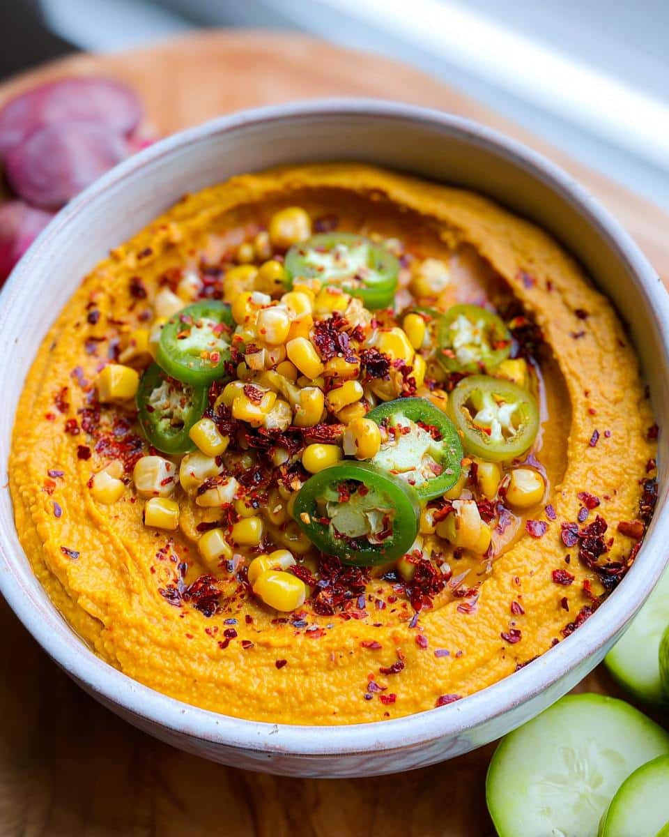 A bowl of vibrant orange Spiced Pumpkin Hummus topped with roasted corn, sliced jalapeños, and chili flakes.