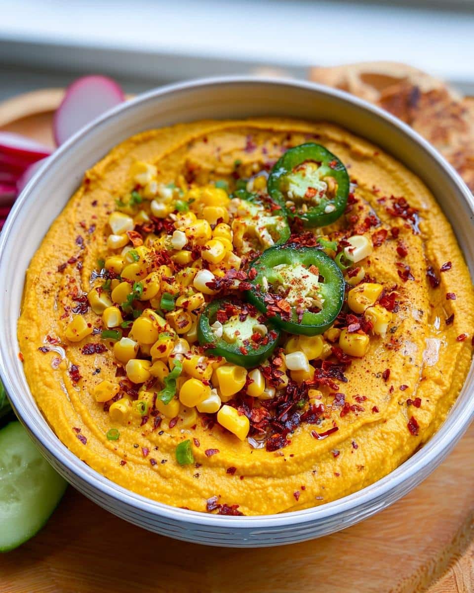 A vibrant bowl of Spiced Pumpkin Hummus topped with roasted corn, sliced jalapeños, and chili flakes.