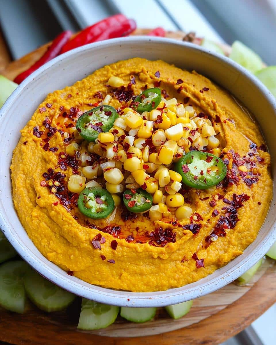 A bowl of bright orange Spiced Pumpkin Hummus topped with corn, sliced jalapeños, and chili flakes.