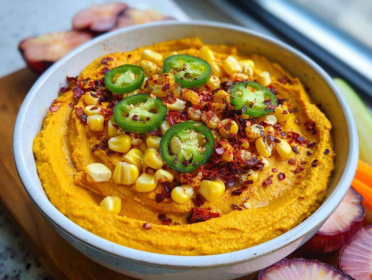 Close-up of bright orange Spiced Pumpkin Hummus topped with roasted corn, sliced jalapeños, and chili flakes.