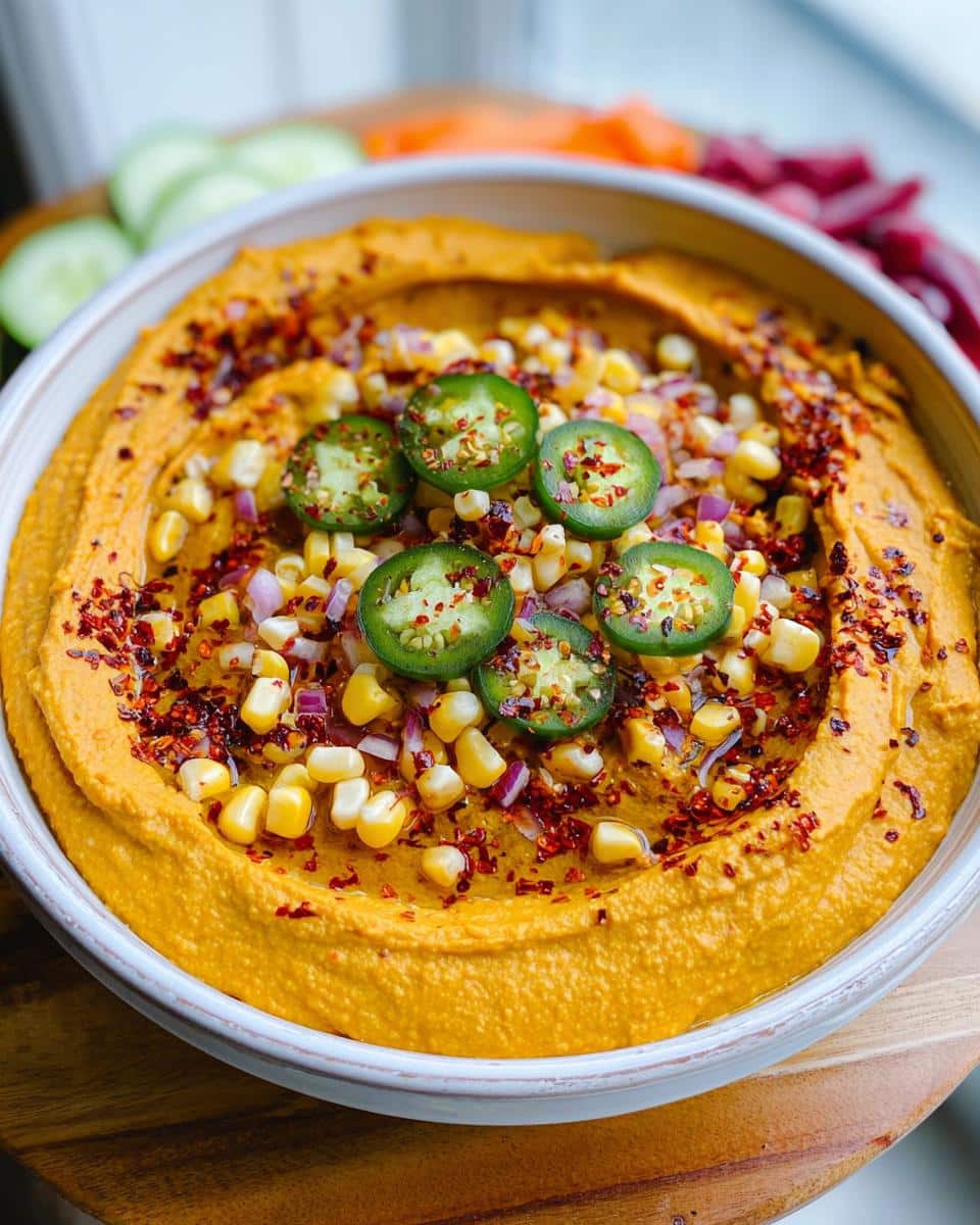 A bowl of vibrant orange Spiced Pumpkin Hummus topped with corn, diced red onion, jalapeño slices, and chili flakes.