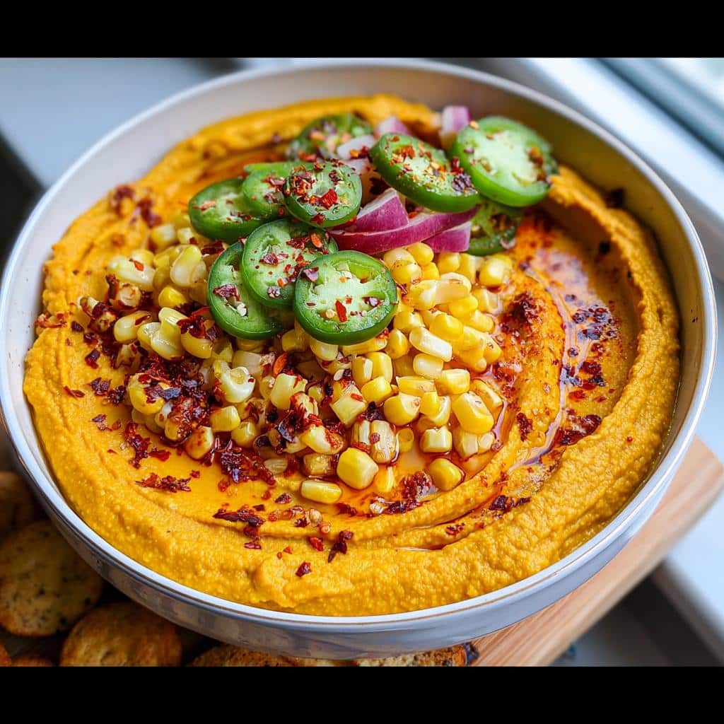 A bowl of bright orange Spiced Pumpkin Hummus topped with corn, sliced jalapeños, and red pepper flakes.