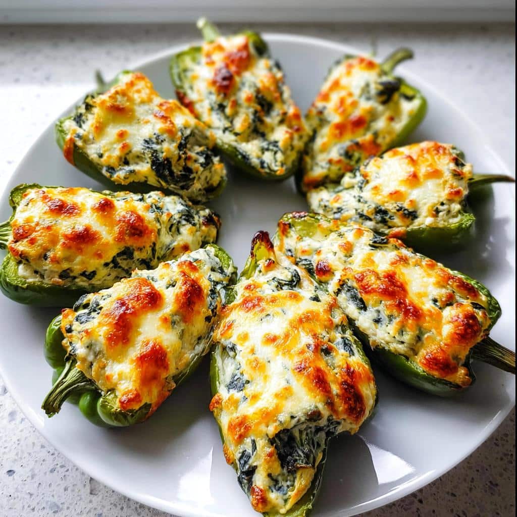 Seven baked Spinach Artichoke Stuffed Mini Peppers with golden, melted cheese topping arranged on a white plate.