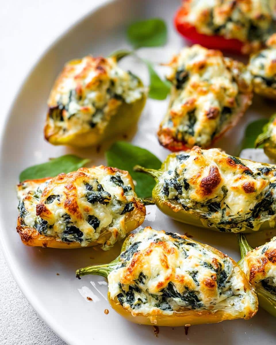 Close-up of baked Spinach Artichoke Stuffed Mini Peppers topped with melted, browned cheese.