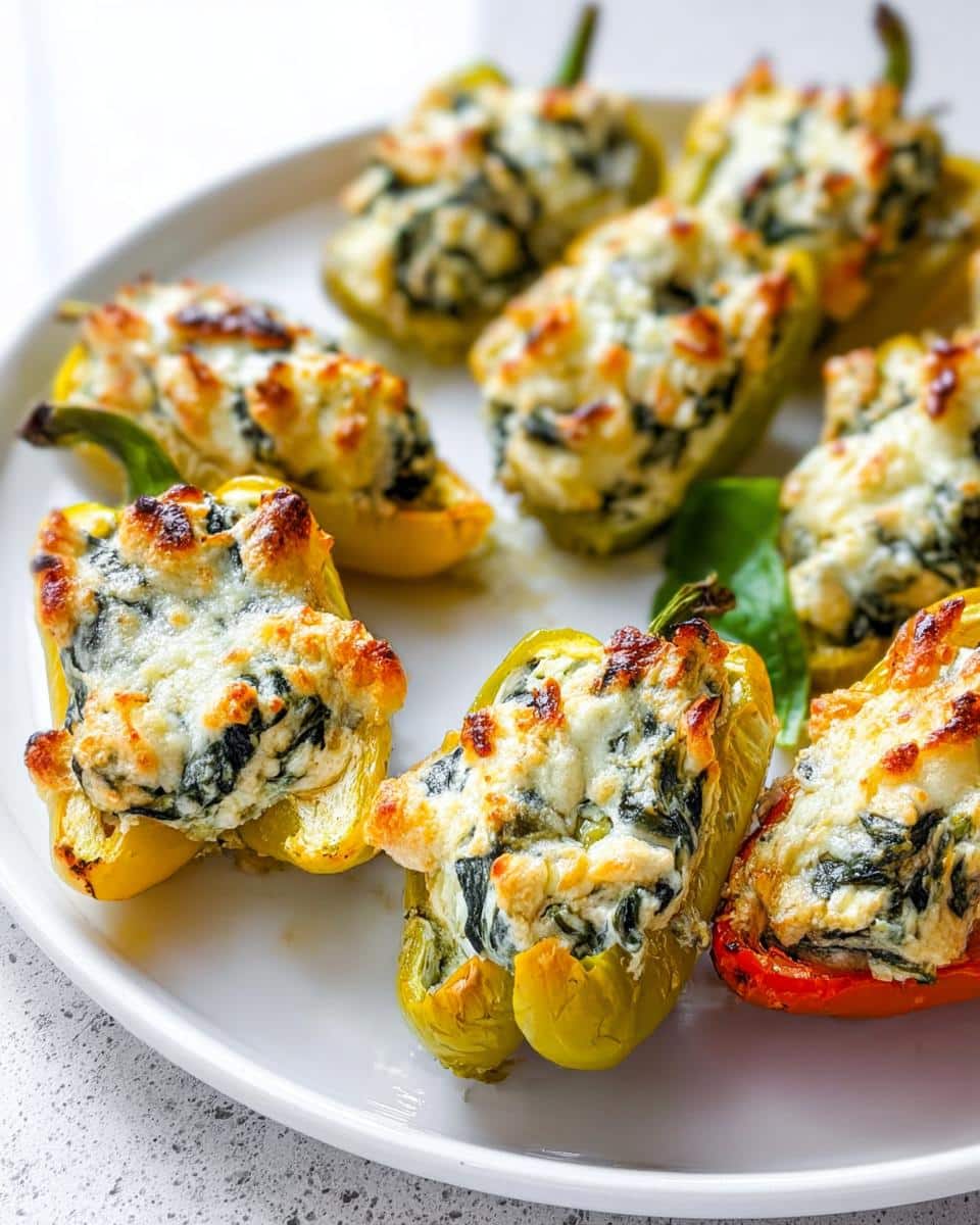 Close-up of baked Spinach Artichoke Stuffed Mini Peppers topped with melted, browned cheese on a white platter.