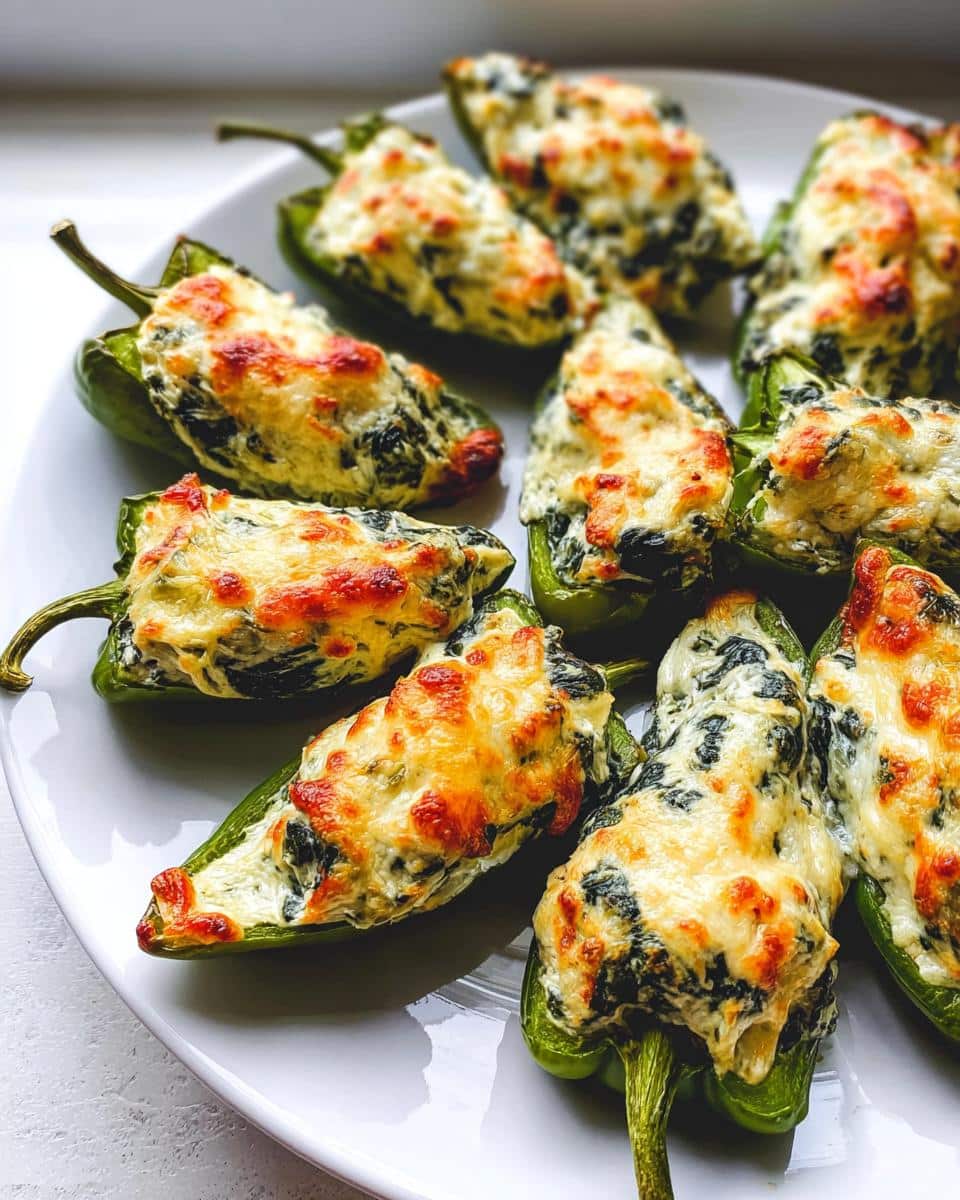 A plate of baked Spinach Artichoke Stuffed Mini Peppers topped with melted, golden-brown cheese.