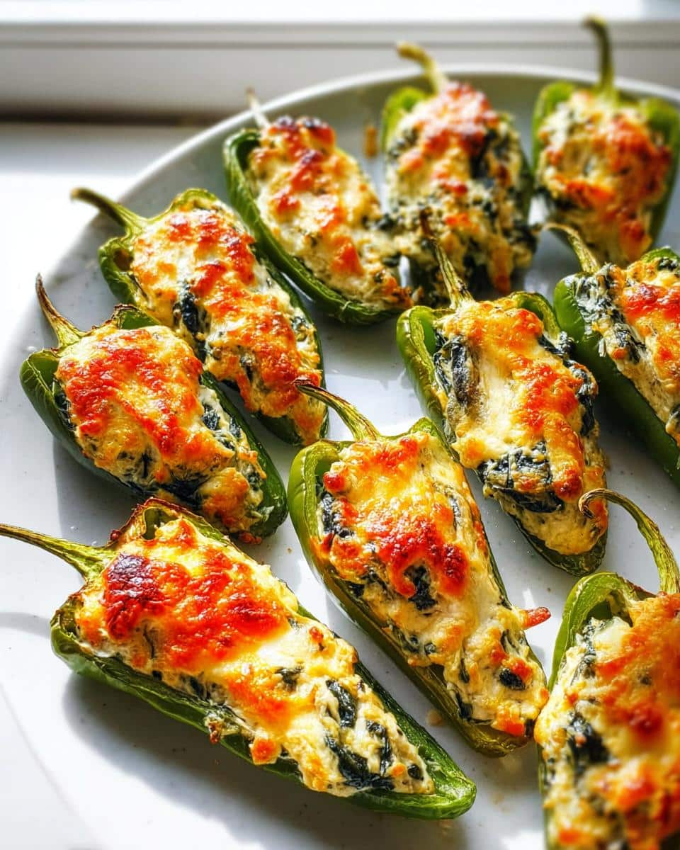 Close-up of baked Spinach Artichoke Stuffed Mini Peppers with melted, browned cheese topping on a white plate.