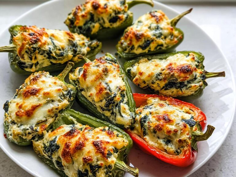 Close-up of baked Spinach Artichoke Stuffed Mini Peppers with golden, melted cheese topping.