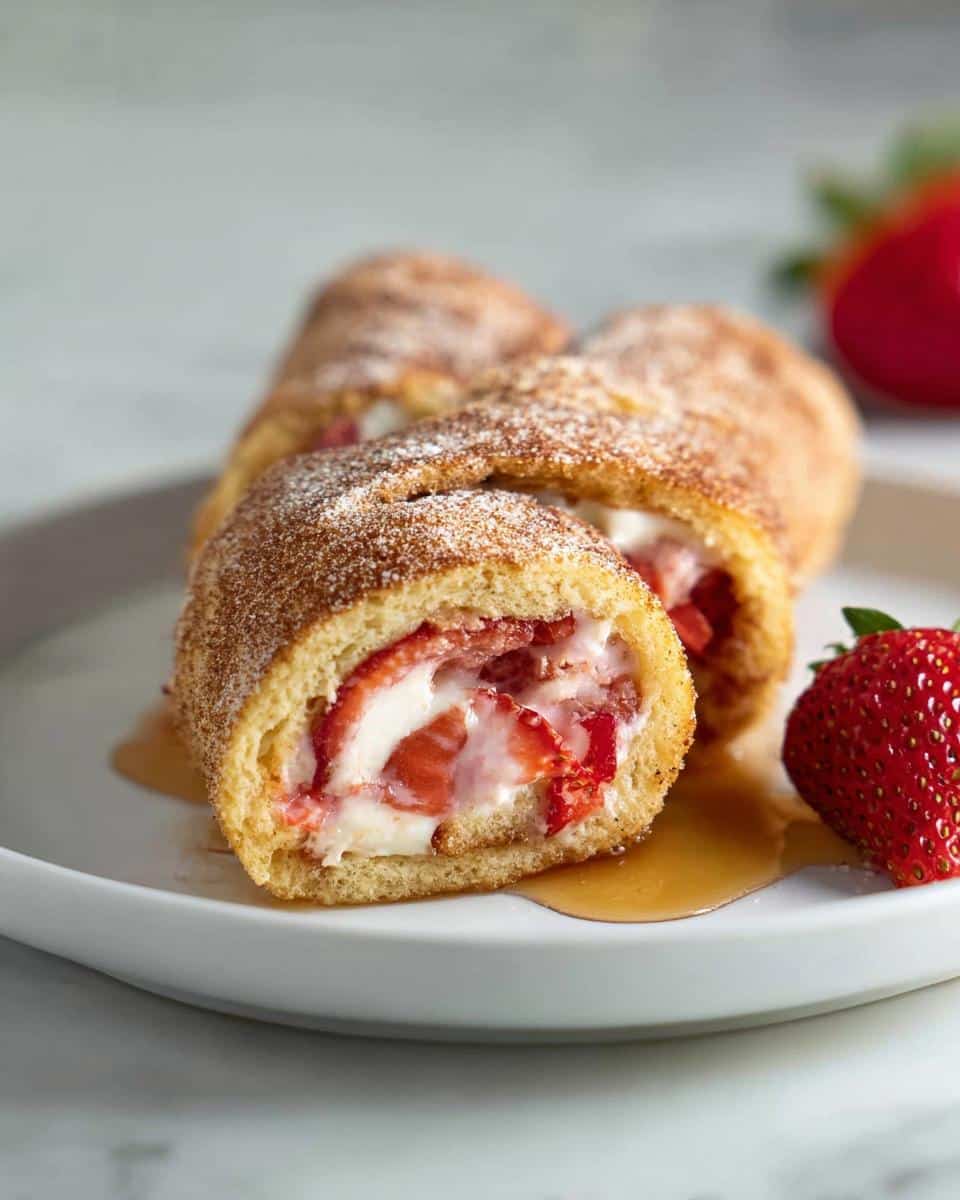Three slices of Strawberry Cream Cheese Rollups dusted with cinnamon sugar, filled with cream cheese and fresh strawberries.
