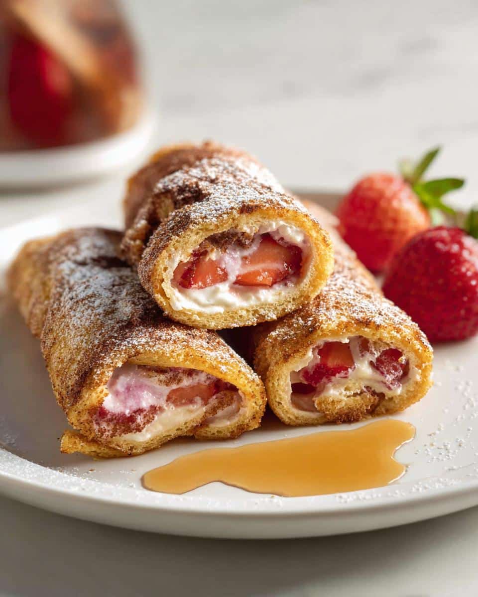 Close-up of three golden-brown Strawberry Cream Cheese Rollups dusted with powdered sugar, filled with cream cheese and strawberries.