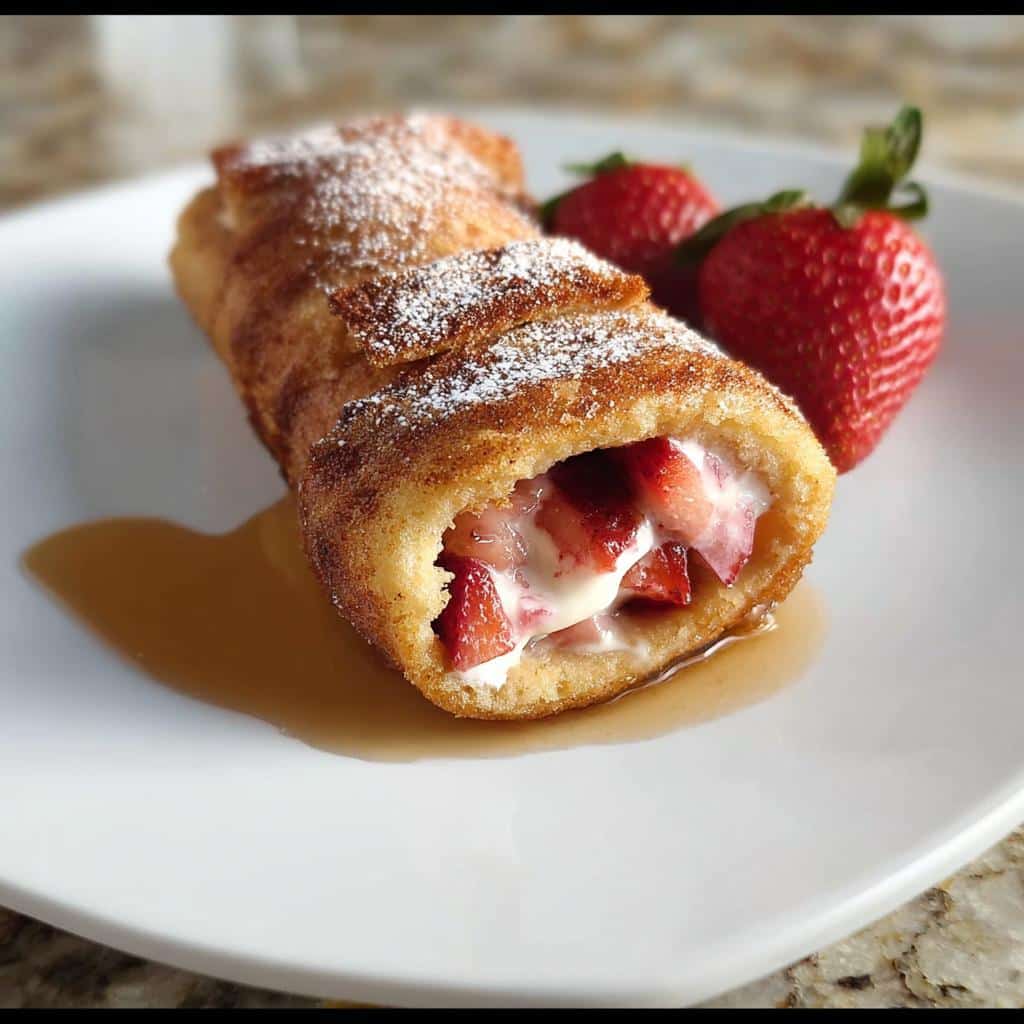 A cross-section of a golden-brown Strawberry Cream Cheese Rollup dusted with powdered sugar, served with fresh strawberries.